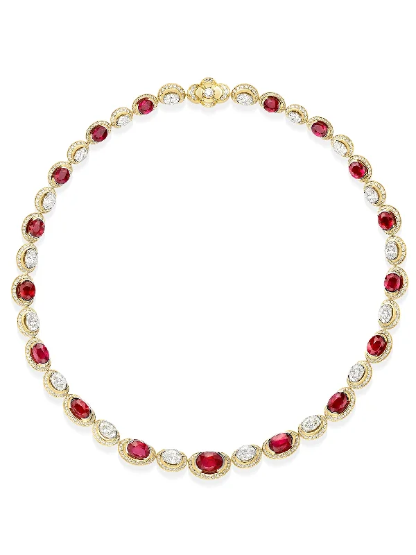 Women’s chunky necklaces-Classic Crescent Ruby and Diamond Yellow Gold Necklace