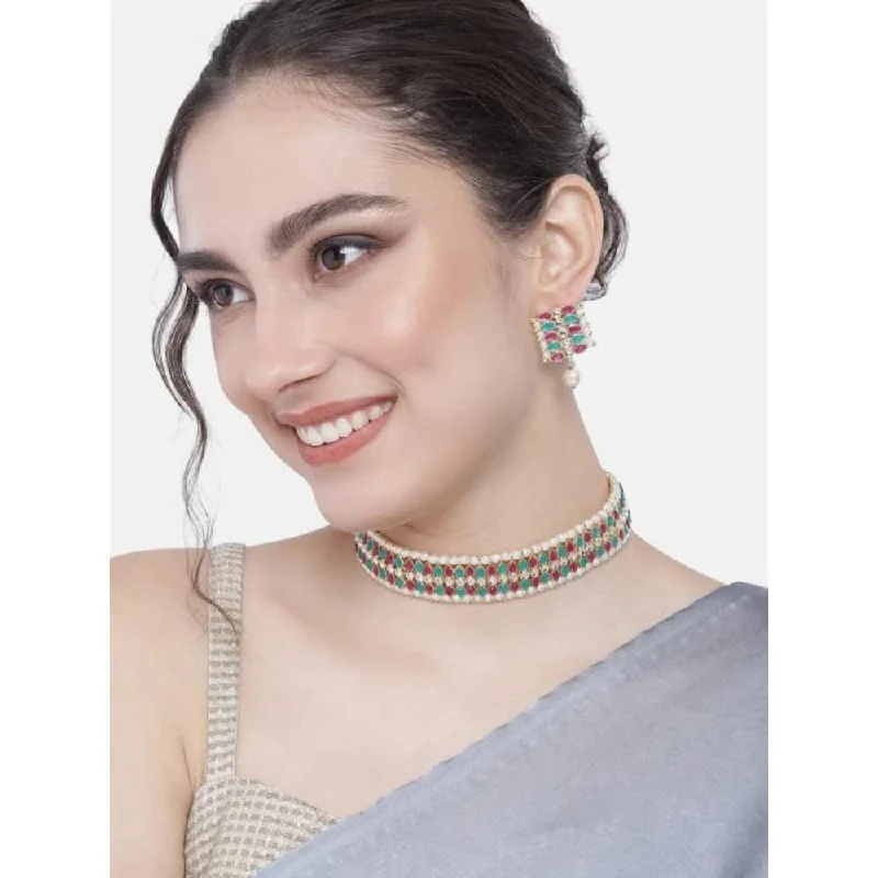 Women’s necklaces with a heart pendant-Etnico Gold Plated Traditional Peach Pearl & Kundan Studded Choker Necklace Jewellery Set For Women/Girls (K7209QG)