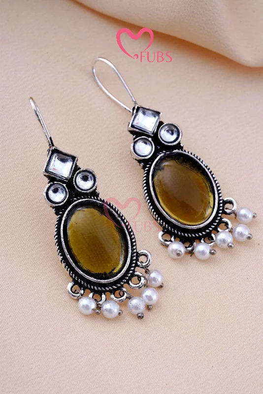 Women’s pearl earrings-Oxidized Oval Kundan Stone Hanging Hook Earrings