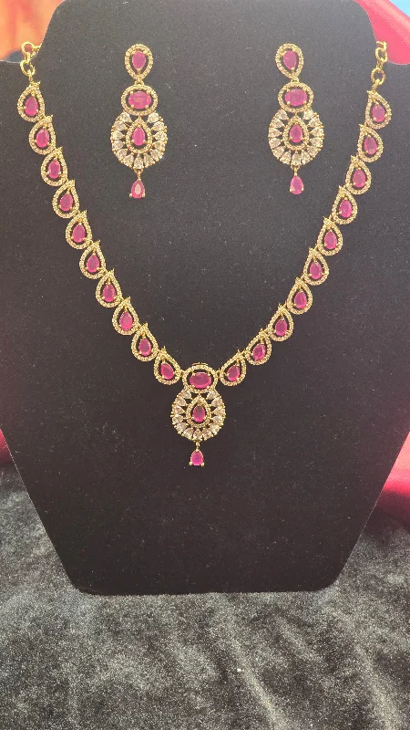 Women’s necklaces with tassels-Beautiful Golden Color Necklace Set With Ruby Stone