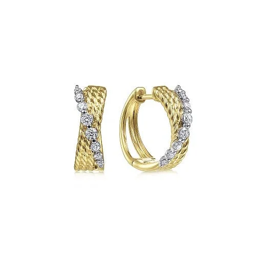 Women’s diamond stud earrings-14K Yellow-White Gold Twisted 15mm Diamond Huggie Earrings