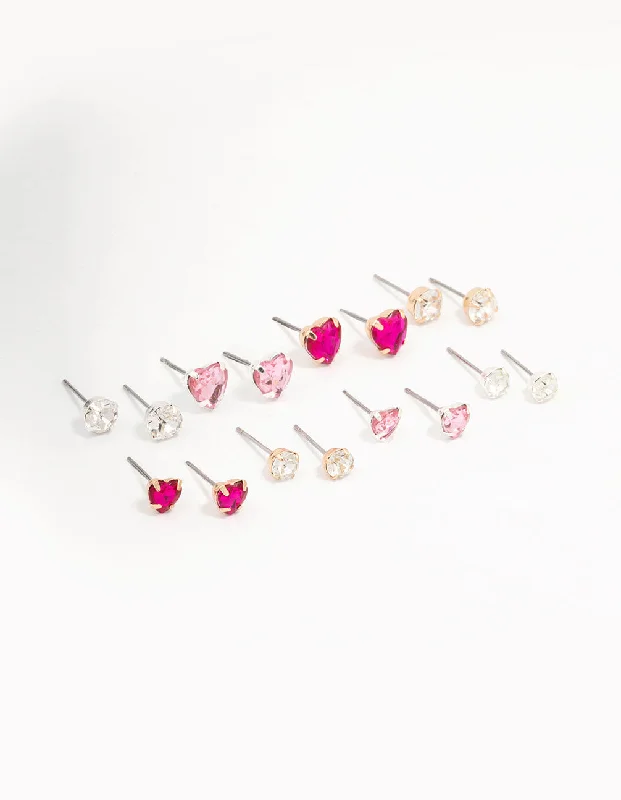 Women’s sterling silver hoops-Silver Heart & Crystal Solitaire Earring 8-Pack