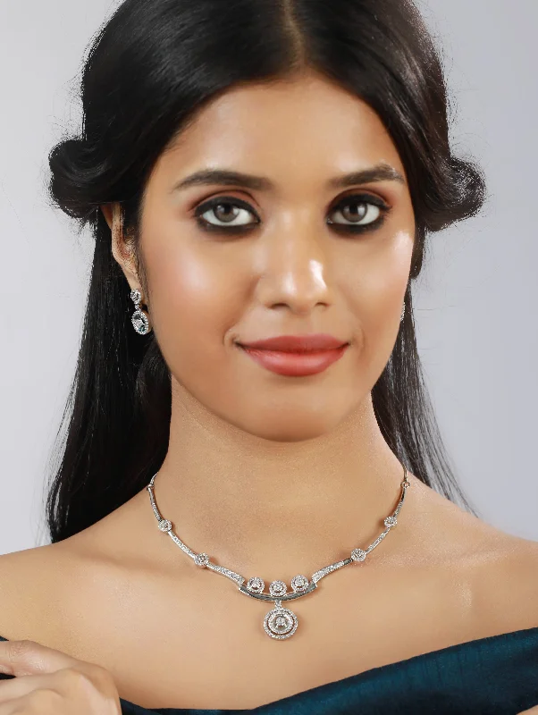 Women’s necklaces with opal stones-Silver-Plated American Diamond & Cz Stone-Studded Jewellery Set