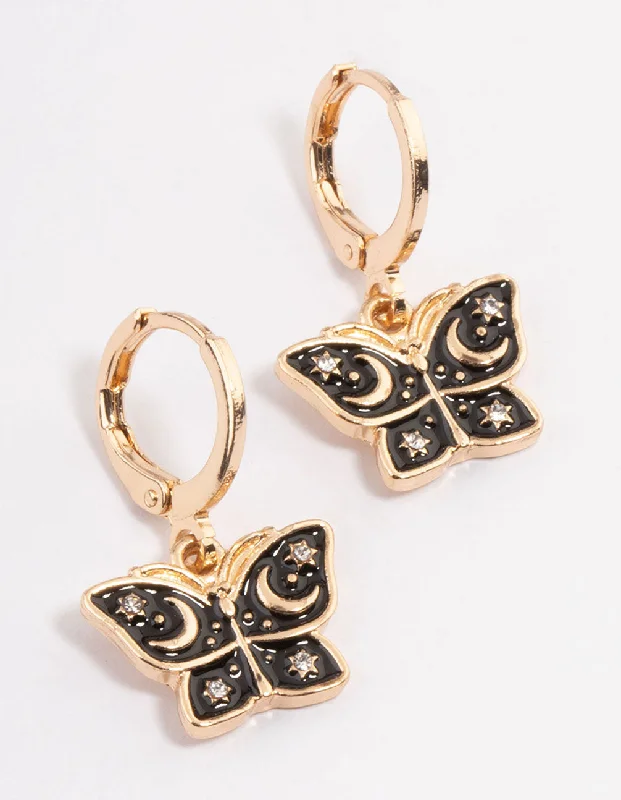 Gold stud earrings for women-Gold Celestial Butterfly Huggie Earrings