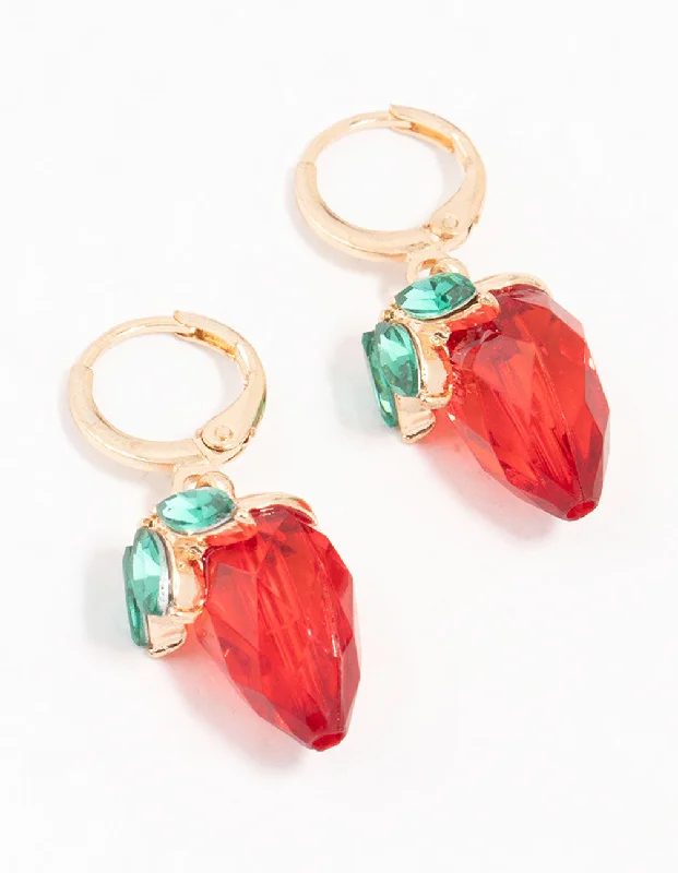 Women’s chandelier earrings-Gold Clicker Red Strawberry Drop Earrings