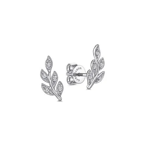 Custom-made earrings for women-14K White Gold Diamond Leaf Stud Earrings