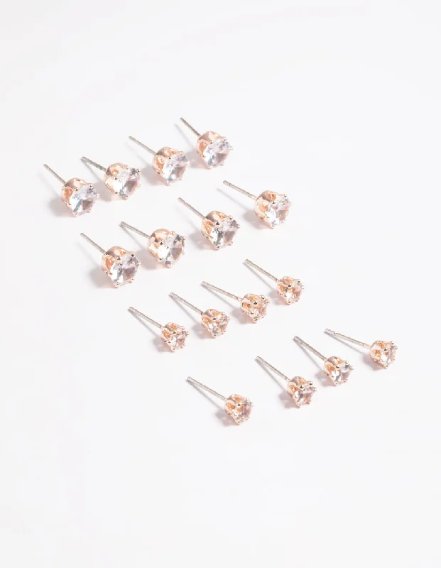 Women’s crystal drop earrings-Rose Gold Classic Diamante Studs 8-Pack