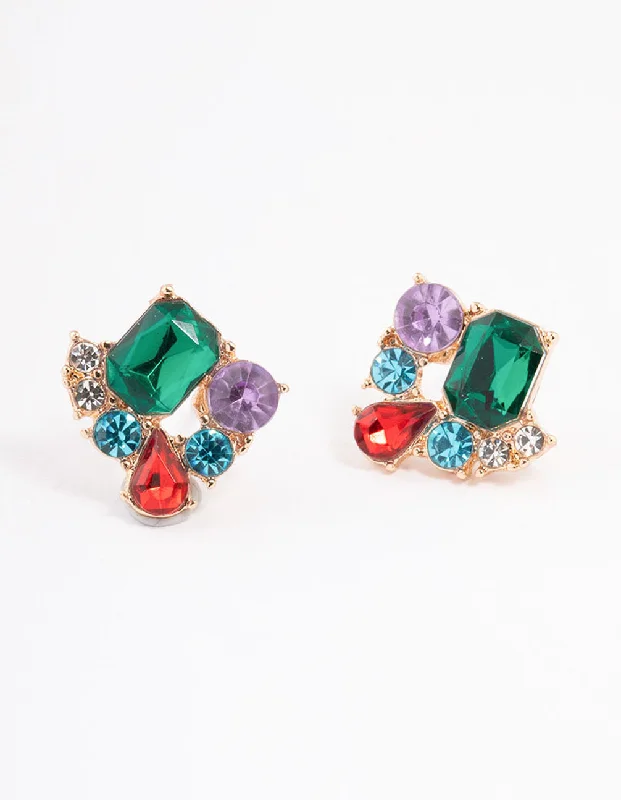 Women’s elegant dangling earrings-Gold Emerald Mixed Cluster Stud Earrings