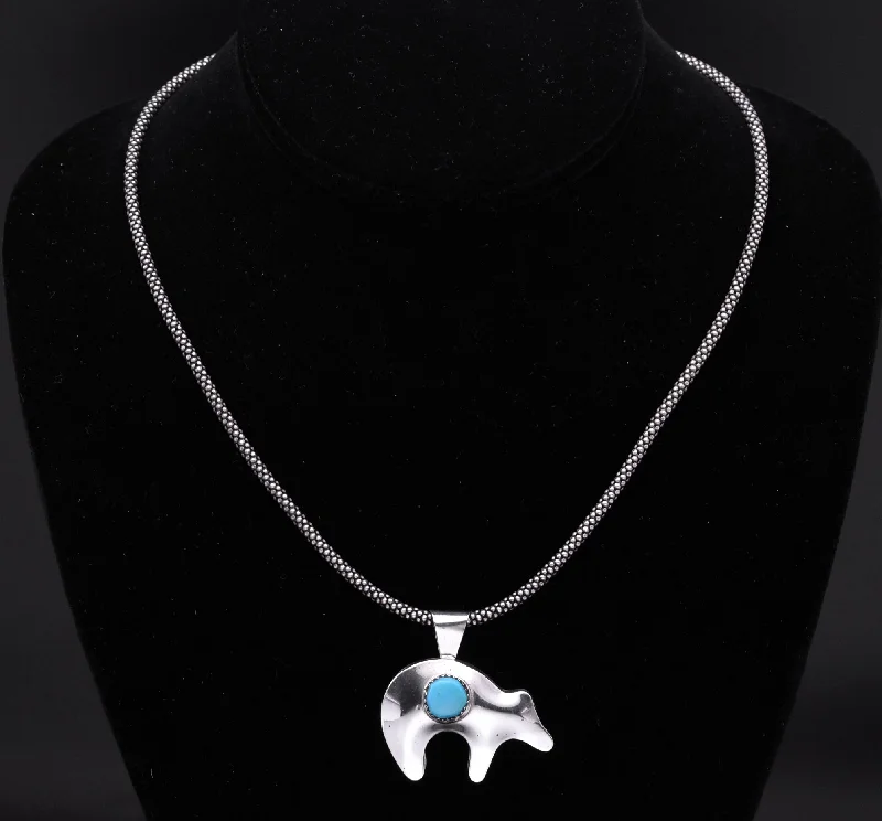 Affordable necklaces for women-Vintage Handmade Turquoise and Sterling Silver Bear Pendant Necklace - 18.25"