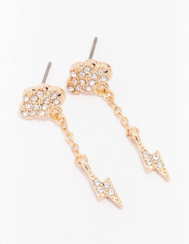 Women’s stud earrings-Gold Diamante Cloud & Lightning Drop Earrings