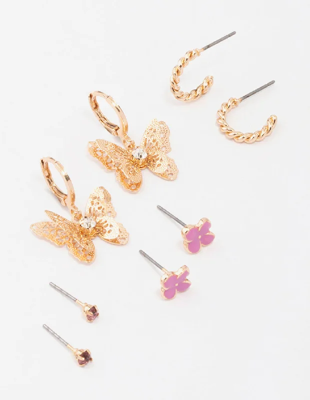 Designer earrings for women-Gold Butterfly Hoop & Stud Earring 4-Pack