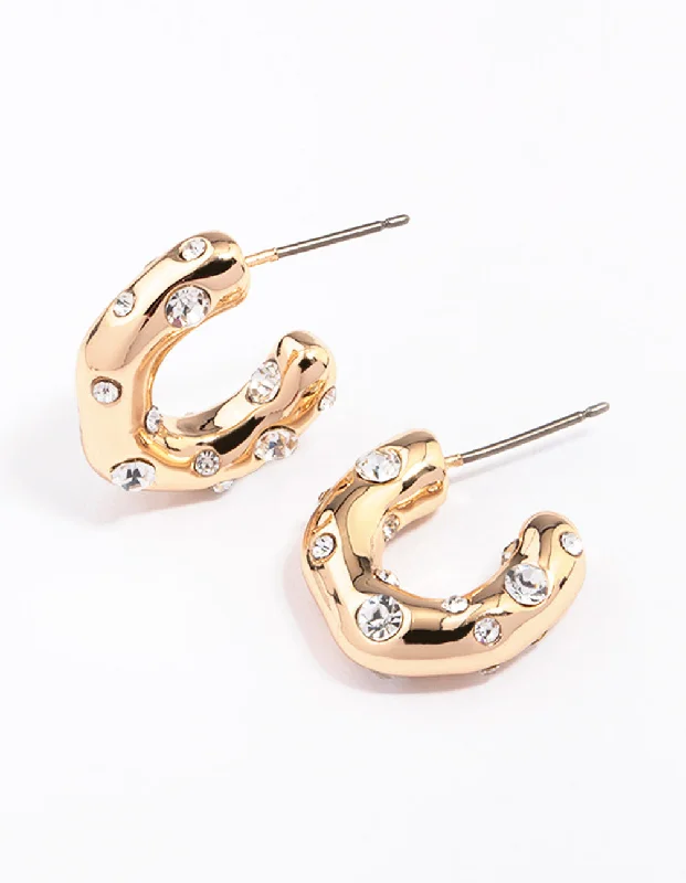 Women’s eco-friendly earrings-Gold Textured Diamante Hoop Earrings