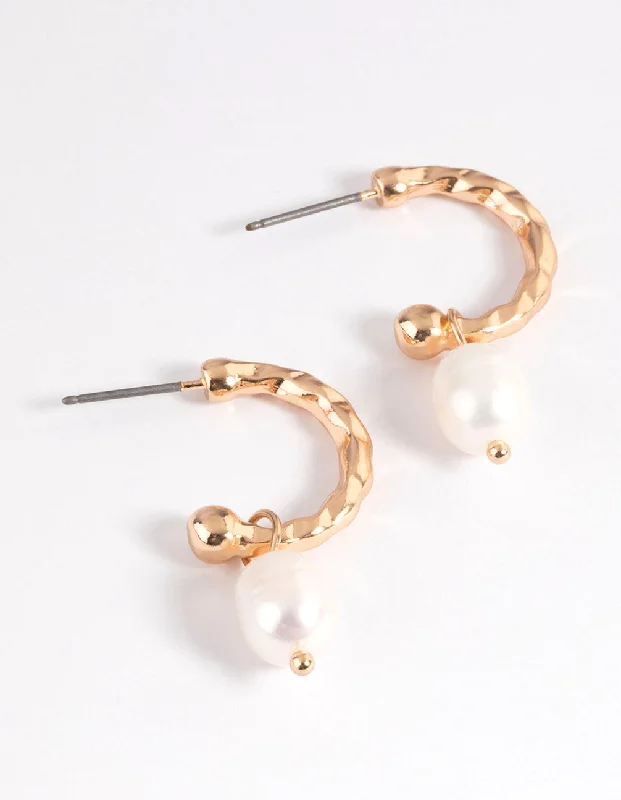 Women’s classic diamond earrings-Gold Freshwater Pearl Textured Hoop Earrings