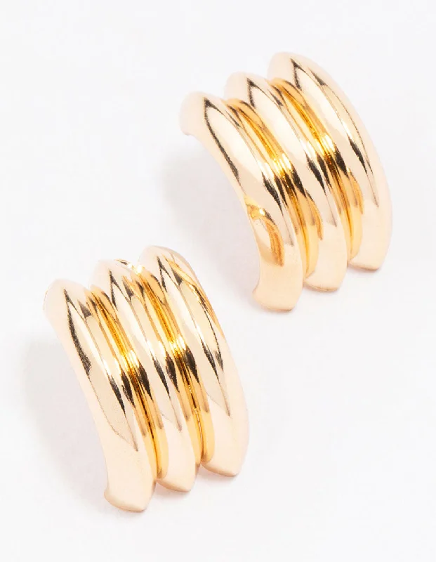 Unique earrings with gemstones-Gold Ribbed Barrel Stud Earrings