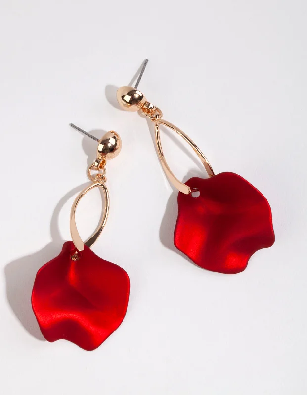 Women’s rose gold earrings-Red Pearlised Petal Drop Earrings