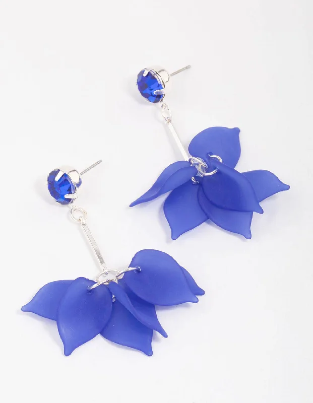 Women’s sterling silver hoops-Navy Blue Stone & Stick Petal Drop Earrings