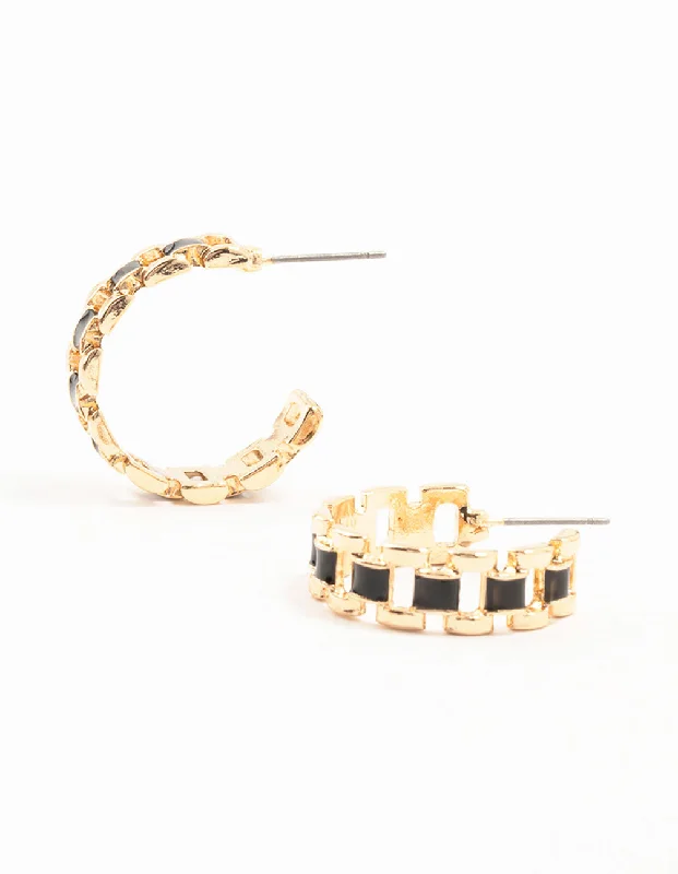 Women’s diamond drop earrings-Gold & Black Narrow Watch Strap Hoop Earrings