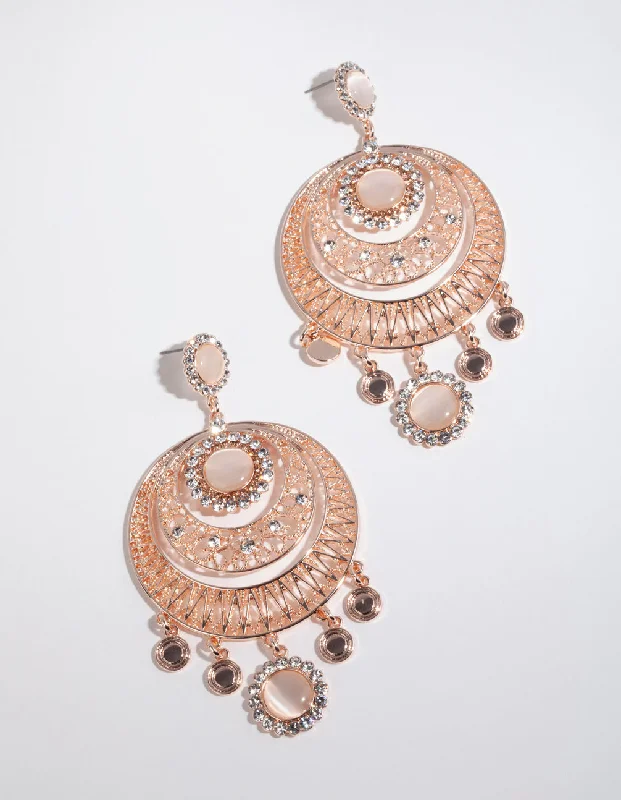 Vintage-inspired earrings for women-Rose Gold Disc Blush Catseye Chandbali Earrings