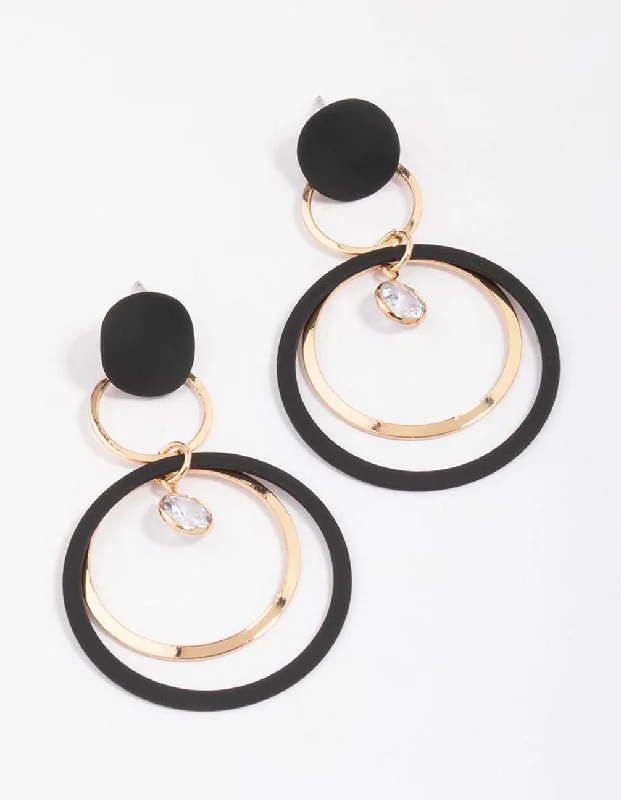 Custom women’s earrings-Black & Gold Fine Disc Diamante Drop Earrings