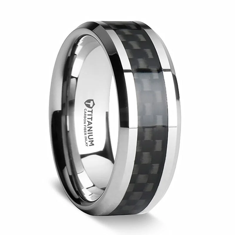 Women’s rings with rubies-Titanium Men's Wedding Band with Black Carbon Fiber Inlay