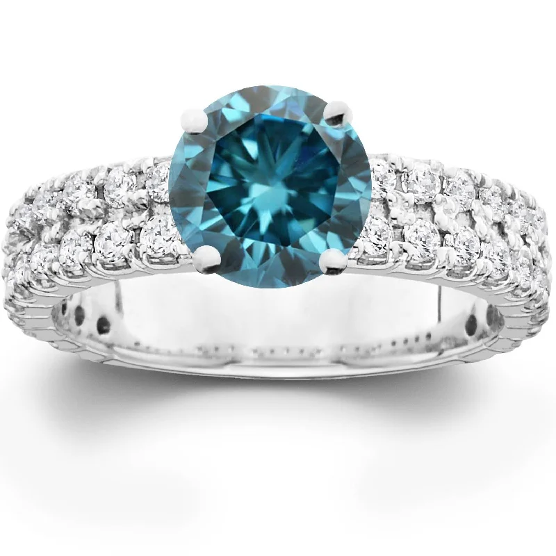 Women’s engagement rings with emerald accents-3.40CT Blue & White Diamond Engagement Ring 14K White Gold