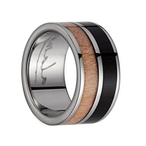 Unique wedding bands for women-Men's Titanium Wedding Band with Macassar Ebony & Maple Wood Inlay