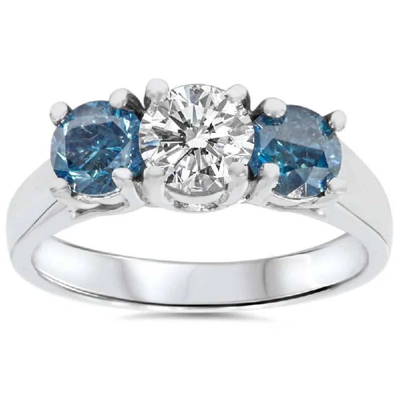 Affordable diamond engagement rings-1 3/4ct Blue & White Diamond Three Stone Engagement 14K White Gold Ring