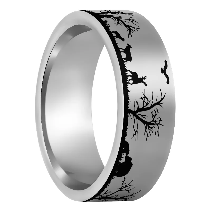 Large gemstone engagement rings-Grassland Animals Scene Tungsten Men's Wedding Band