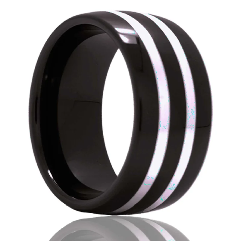 Diamond wedding rings for women-Dual Argentium Silver Inlay Domed Black Ceramic Men's Wedding Band