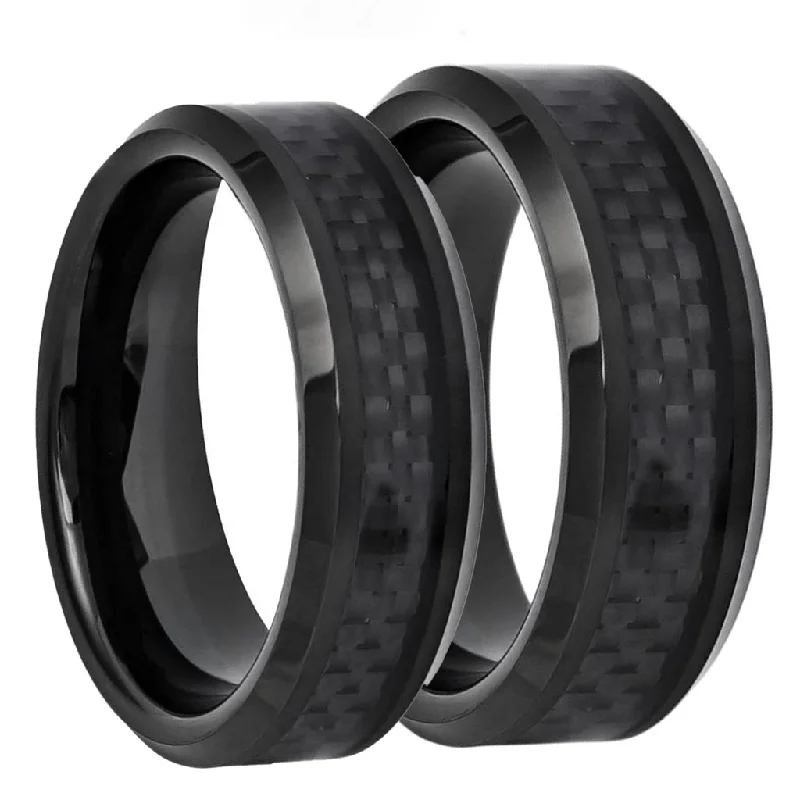 Women’s promise rings-Black Carbon Fiber Inlay Black Tungsten Couple's Matching Wedding Band Set