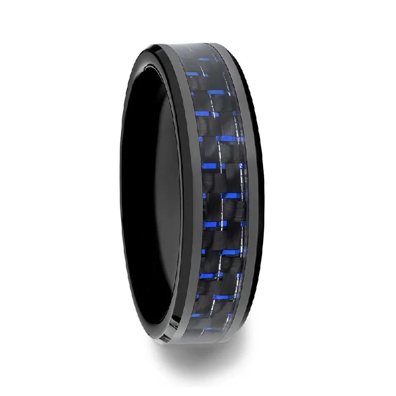 Affordable engagement rings for women-Black Ceramic Men's Wedding Band with Blue & Black Carbon Fiber Inlay