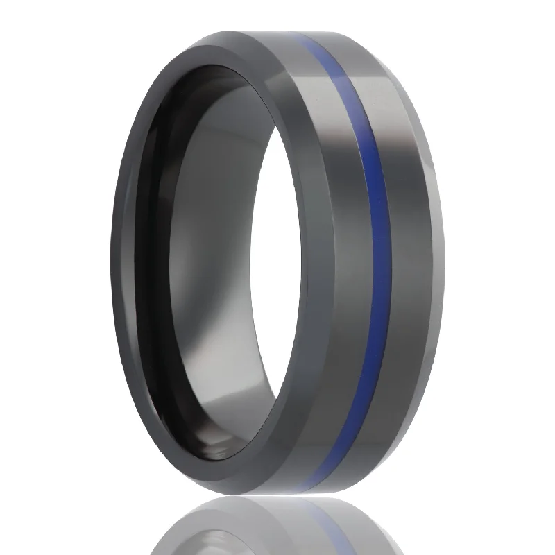 Women’s rings with colored diamonds-Black Black Ceramic Wedding Band with Blue Groove & Beveled Edges