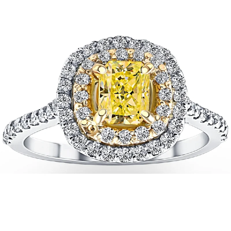 Unique engagement rings for women-1 5/8Ct Diamond Fancy Yellow Cushion Engagement Ring 14k Gold SZ 7