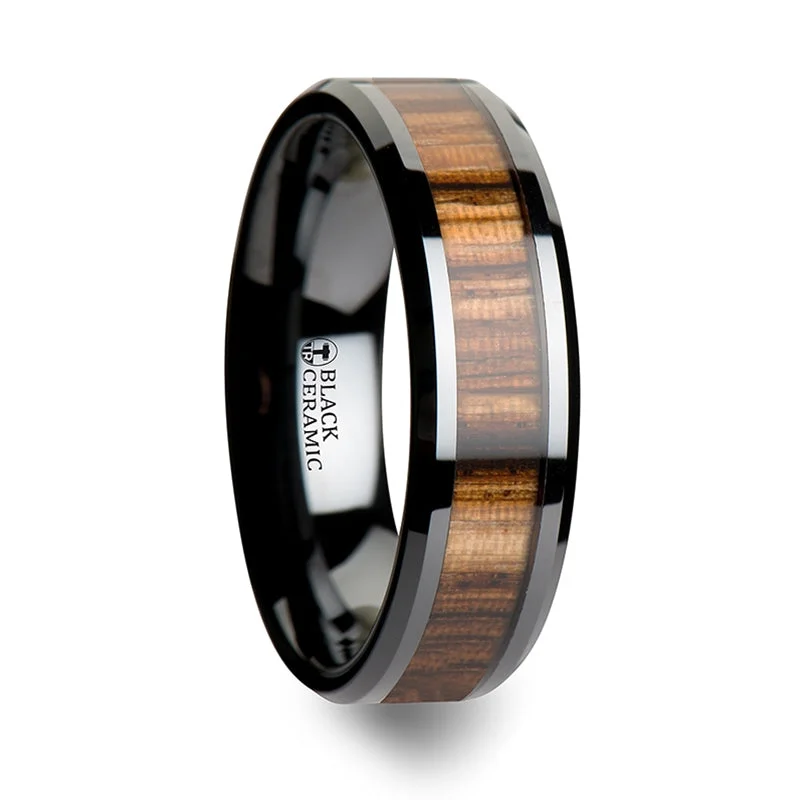 Women’s statement rings-Black Ceramic Women's Wedding Band with Zebra Wood Inlay