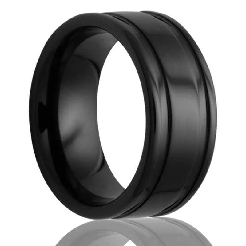 Women’s stackable rings-Black Ceramic Wedding Band with Grooved Edges