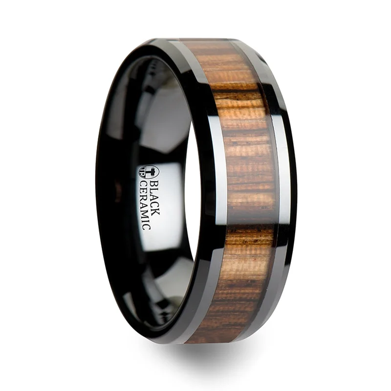 Unique rings for women-Black Ceramic Wedding Band with Zebra Wood Inlay