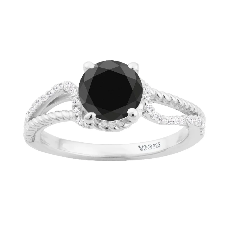 Engagement rings with vintage design-Sterling Silver with Black Diamond and White Diamond Engagement Ring