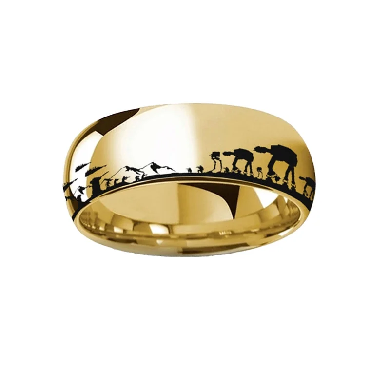 Women’s rings with intricate designs-Star Wars Hoth Battle Yellow Gold Tungsten Wedding Band