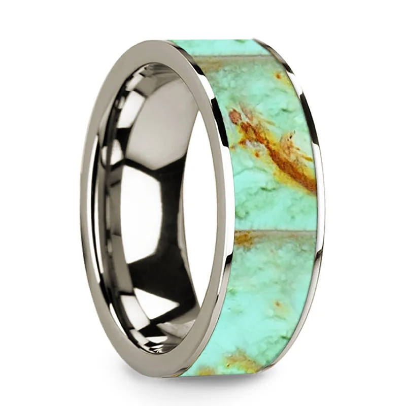 Women’s gemstone rings-14k White Gold Men's Wedding Band with Turquoise Inlay