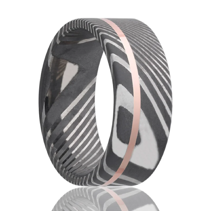 Unique women’s wedding bands-Asymmetrical 14k Rose Gold Inlay Damascus Steel Men's Wedding Band