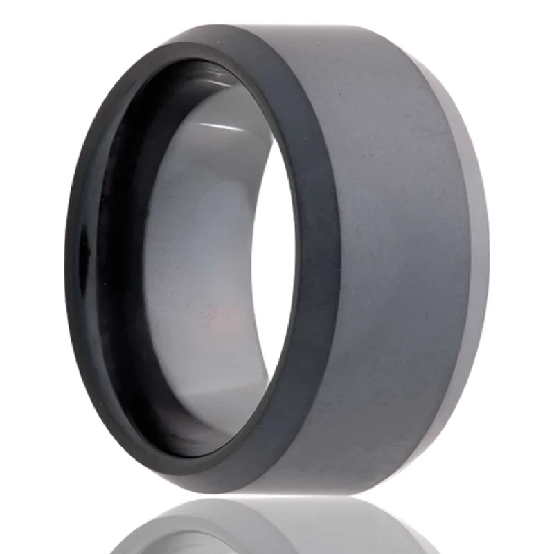 Affordable rings for women-Sandblasted Ceramic Wedding Band with Beveled Edges