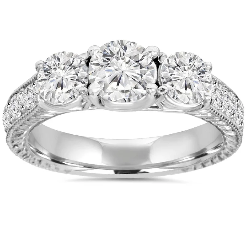 Engagement rings with lab-grown diamonds-1 3/4ct Vintage Three Stone Round Diamond Engagement Ring 14K White Gold