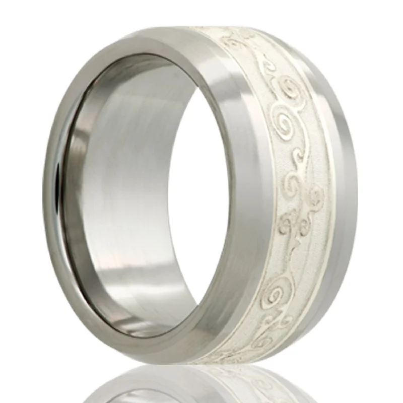 Women’s rings with intricate stone settings-Scroll Pattern Silver Inlay Tungsten Men's Wedding Band with Beveled Edges