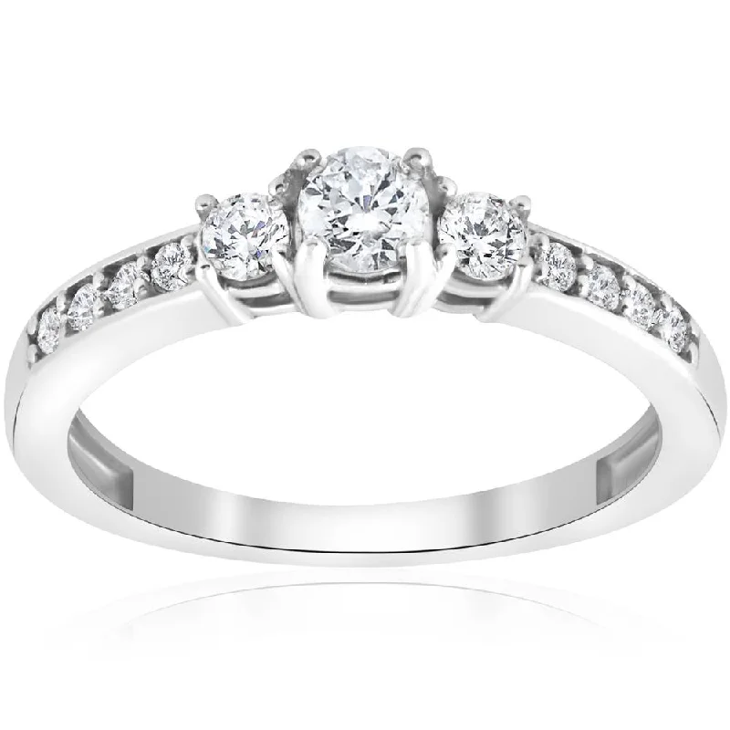 Women’s engagement rings with diamond accents and halo-3/4ct Three Stone Round Diamond Engagement Ring 14K White Gold