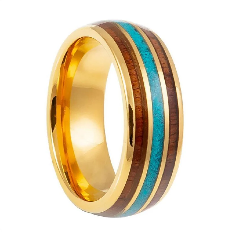 Classic gold rings for women-Yellow Gold Tungsten Men's Wedding Band with Turquoise & Wood Inlays