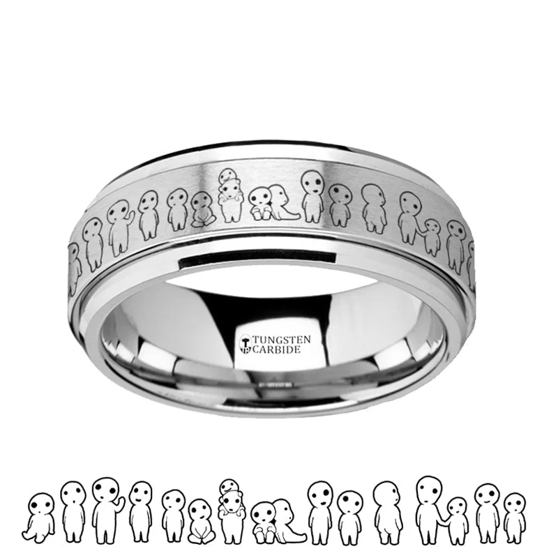 Vintage women’s engagement rings-Princess Mononoke Kodama Sprites Engraved Spinner Tungsten Wedding Band