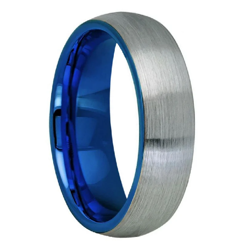 Women’s rings for anniversaries-Domed Brushed Tungsten Women's Wedding Band with Contrasting Blue Interior