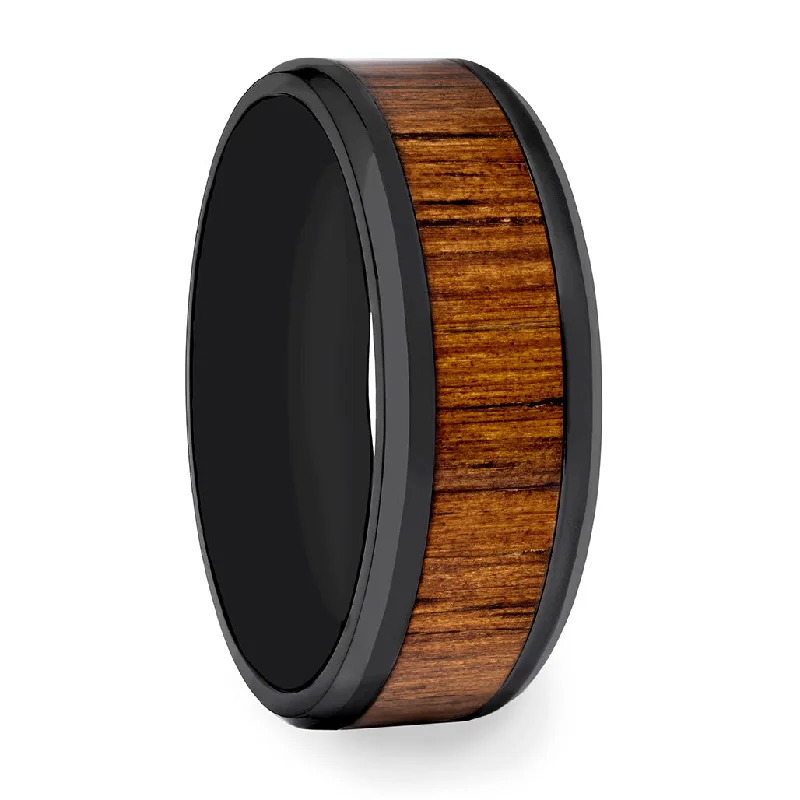 Women’s gemstone rings-Black Titanium Men's Wedding Band with Koa Wood Inlay