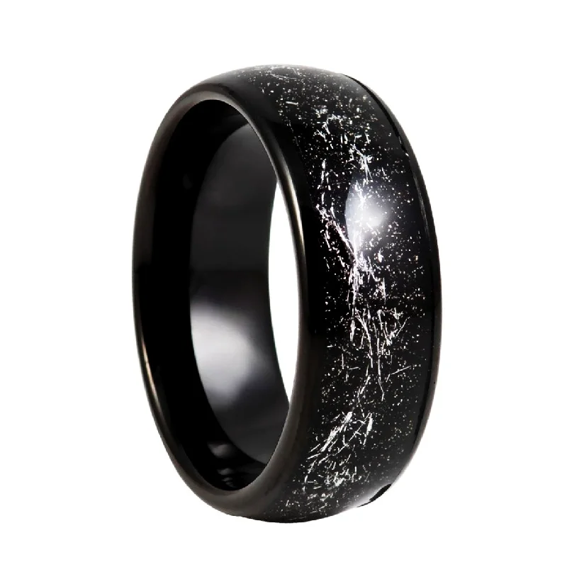 Women’s rings for casual wear-Meteorite Inspired Silver & Black Tungsten Men's Wedding Band