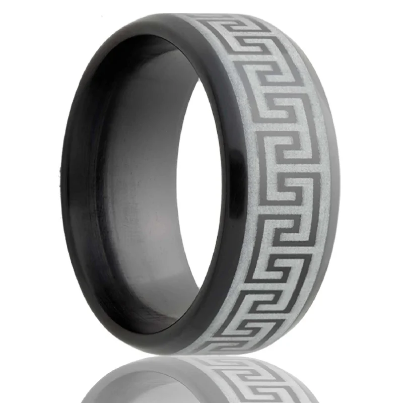 Women’s rings with rare gemstones-Greek Key Zirconium Wedding Band with Beveled Edges